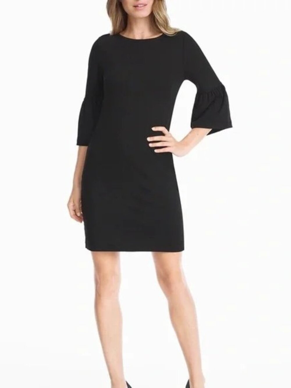 $89 ~ WHBM White House Black Market Bell 3/4 Sleeve Shift Dress Stretchy S